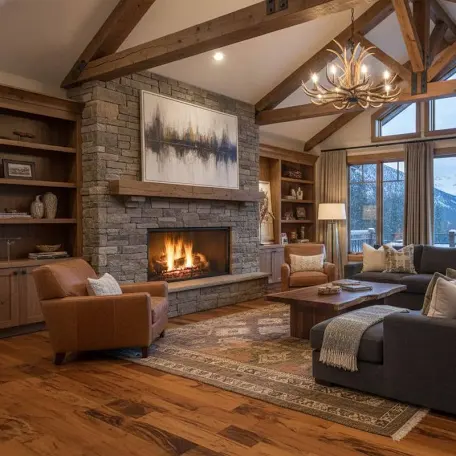 Montana great room with a stone fireplace, timber beams, and leather seating